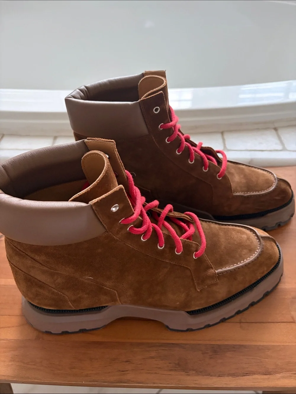 Genuine Hermes Men's Brown Suede Lace-Up Boot with Red Laces